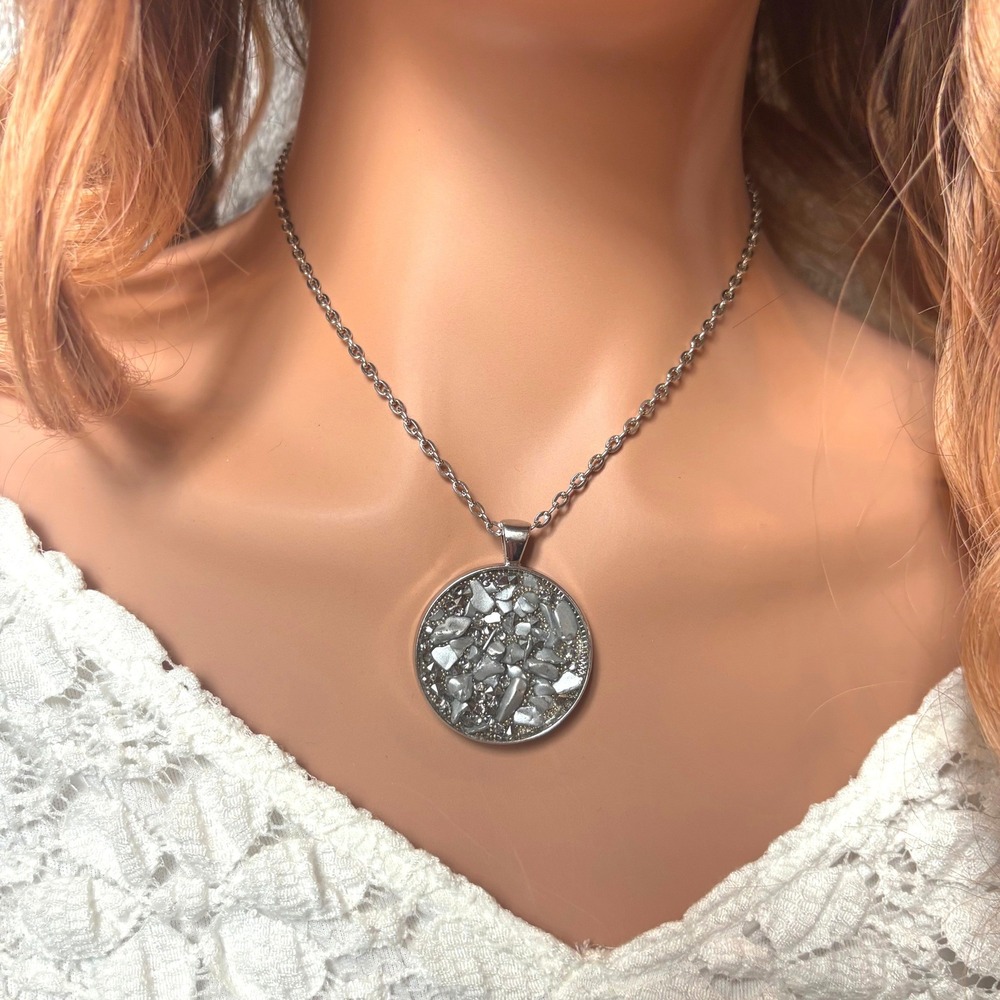 Cybergoth Faux Druzy Pendant Necklace Silver Tone Mosaic Eclectic Grunge 21789